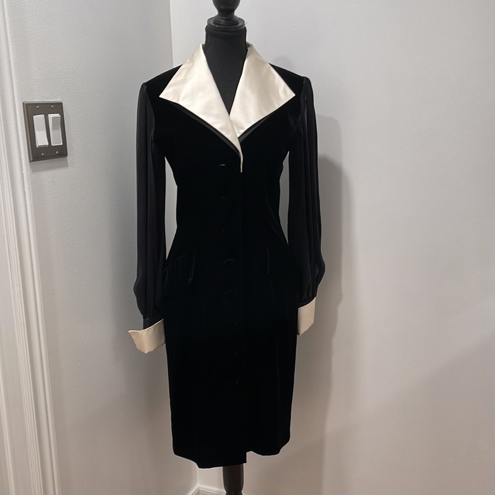 Vintage Escada Couture Sheer Sleeve Velvet Dress Size EU36 Black Tie Event Ready